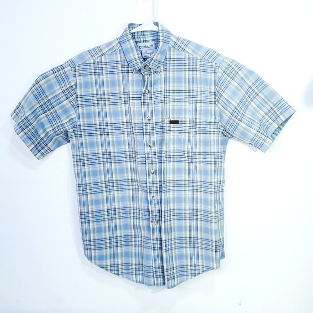 Carhartt Button Up Shirt Men Medium Short Sleeve Light Blue Plaid Cowboy